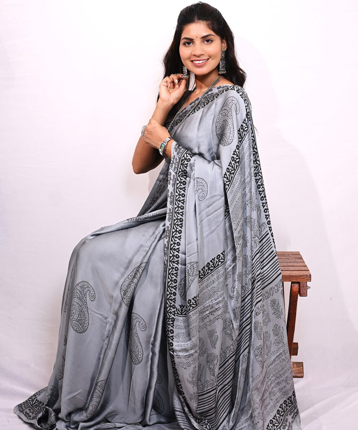 Grey black modal silk hand block printed saree