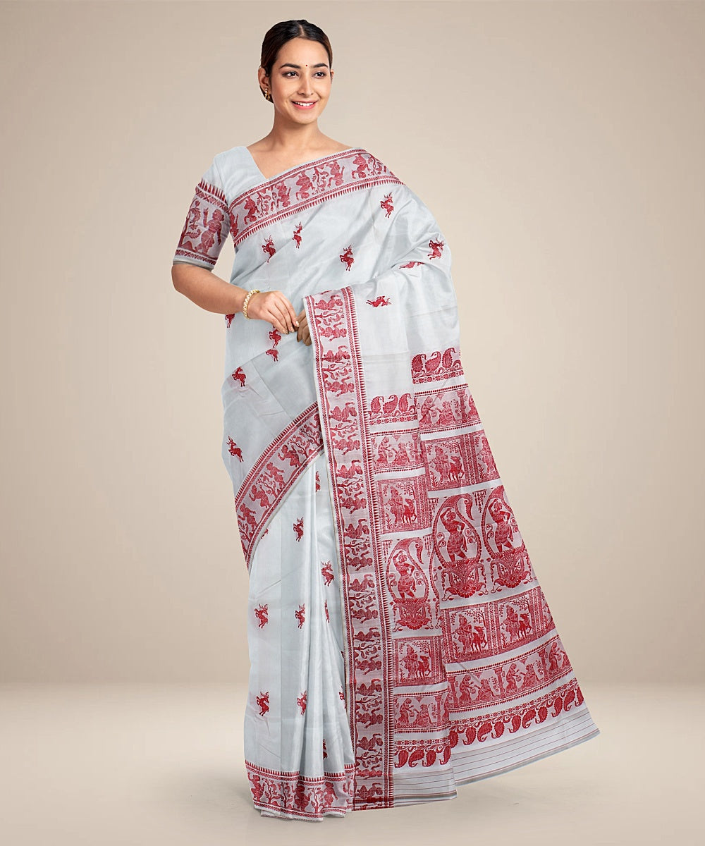 White red handwoven baluchari silk saree