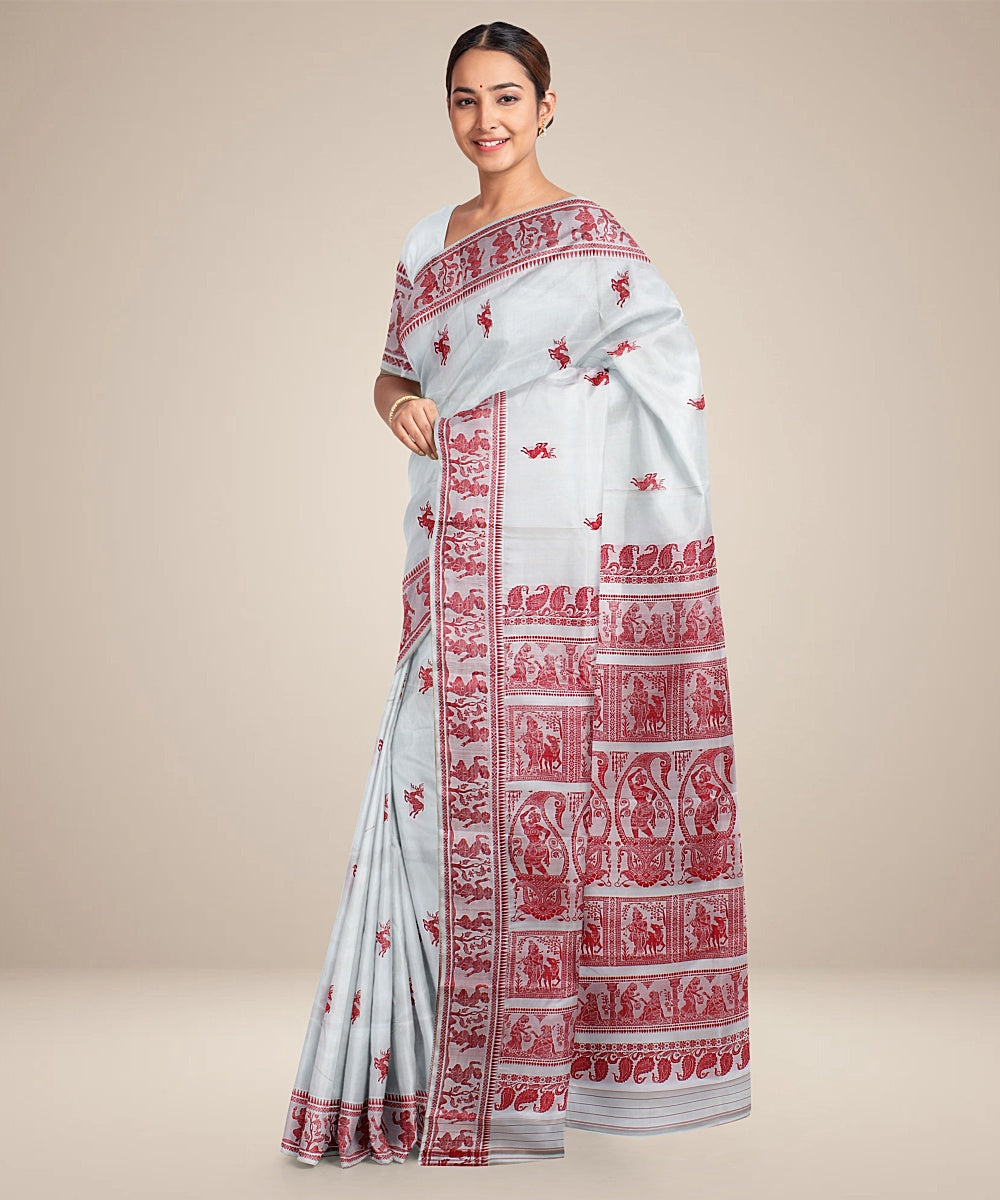 White red handwoven baluchari silk saree