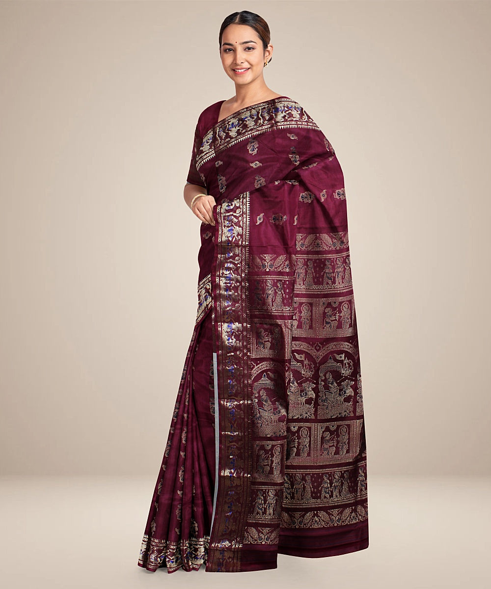 Chocolate maroon handwoven baluchari silk saree