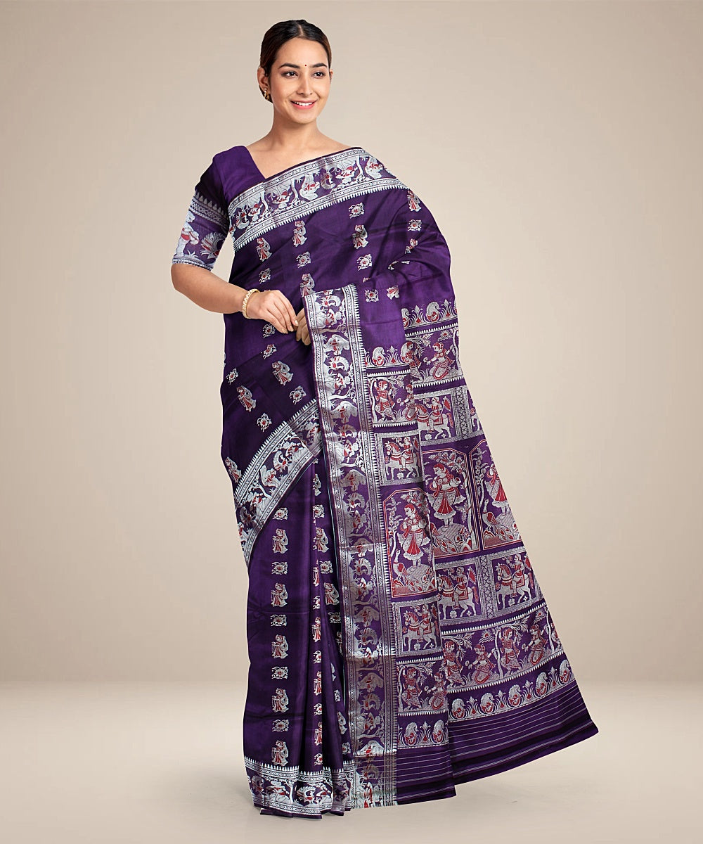 Bluish purple handwoven baluchari silk saree