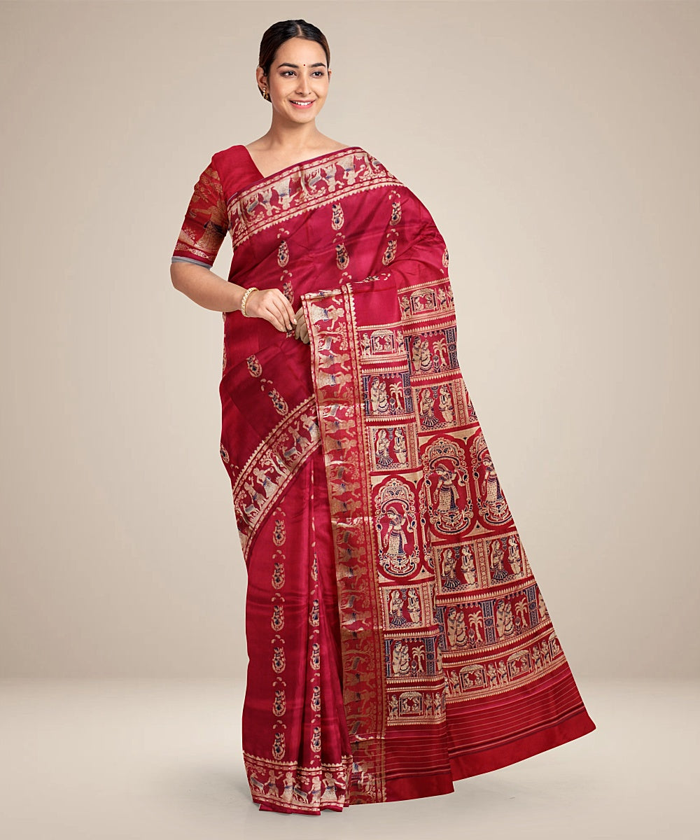 Redish pink handwoven baluchari silk saree