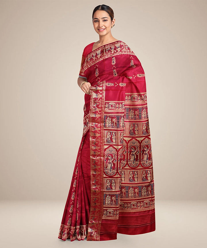 Redish pink handwoven baluchari silk saree