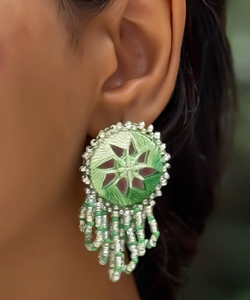 Cyan green handmade bead mirror cotton glass silver hooks earring