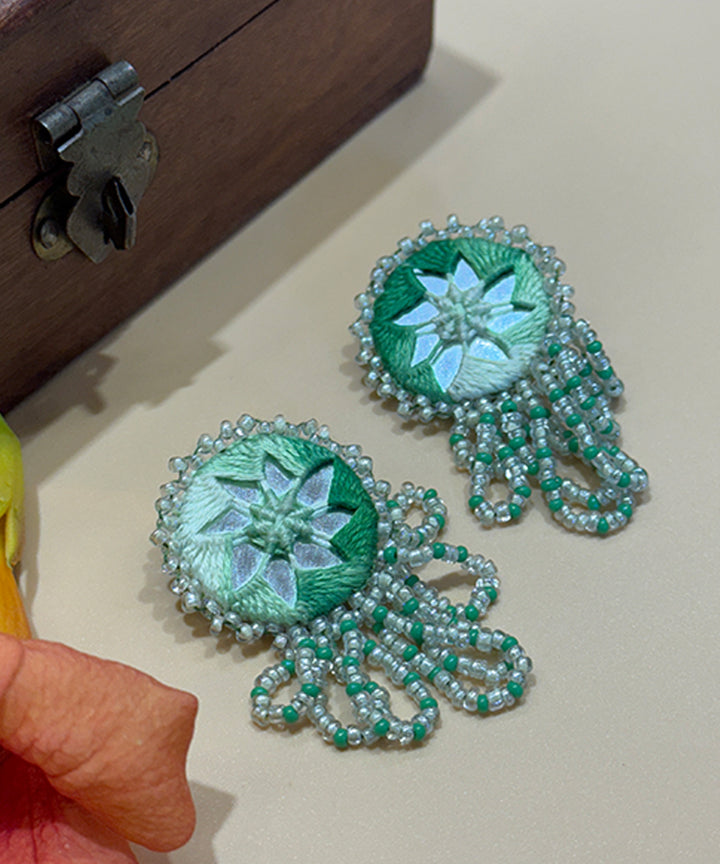Cyan green handmade bead mirror cotton glass silver hooks earring