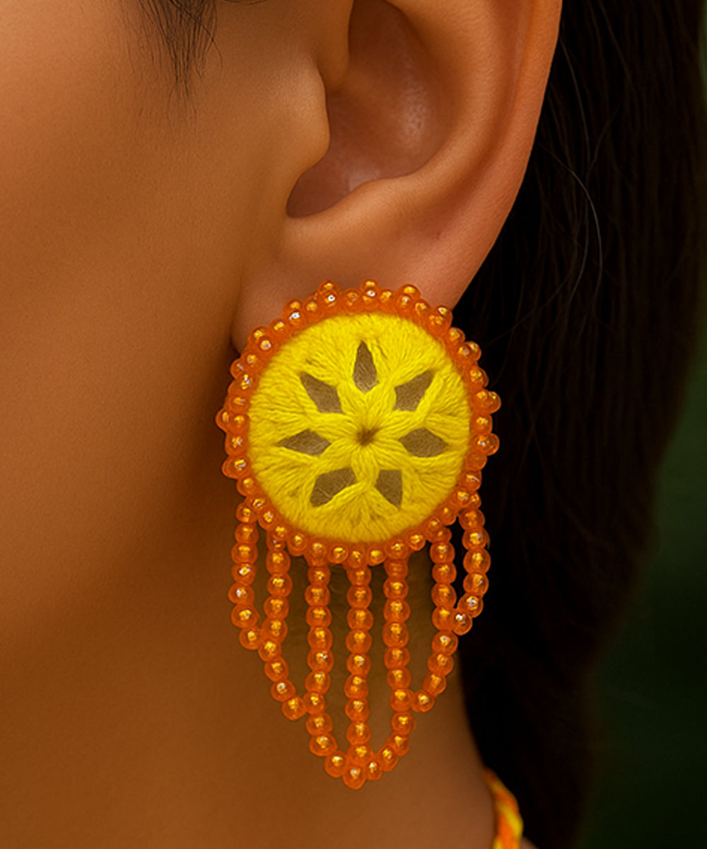 Yellow orange handmade bead mirror cotton glass silver hooks earring