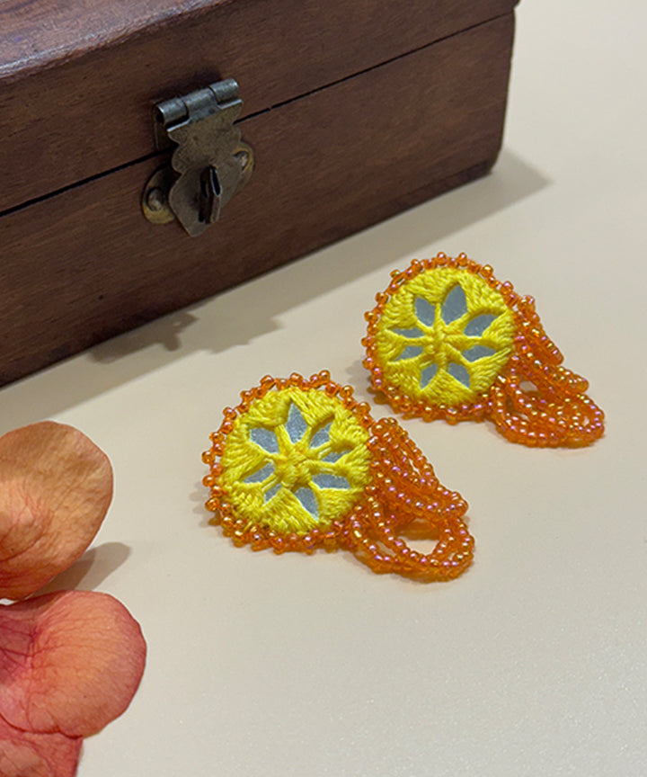 Yellow orange handmade bead mirror cotton glass silver hooks earring