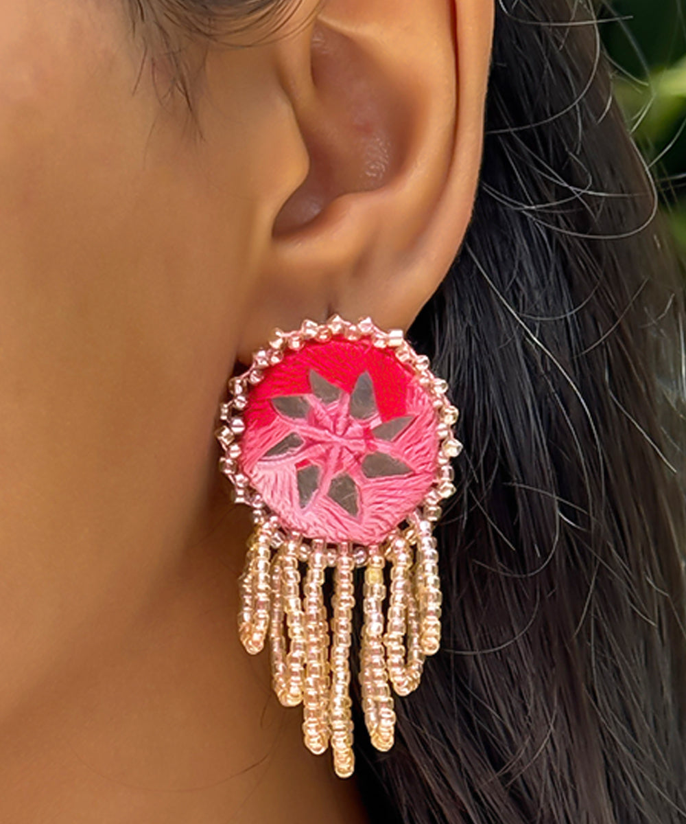 Pink peach handmade bead mirror cotton glass silver hooks earring