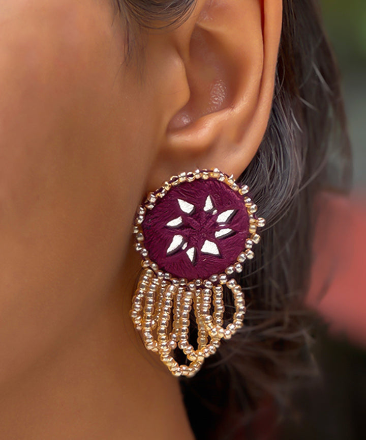 Maroon peach handmade bead mirror cotton glass silver hooks earring