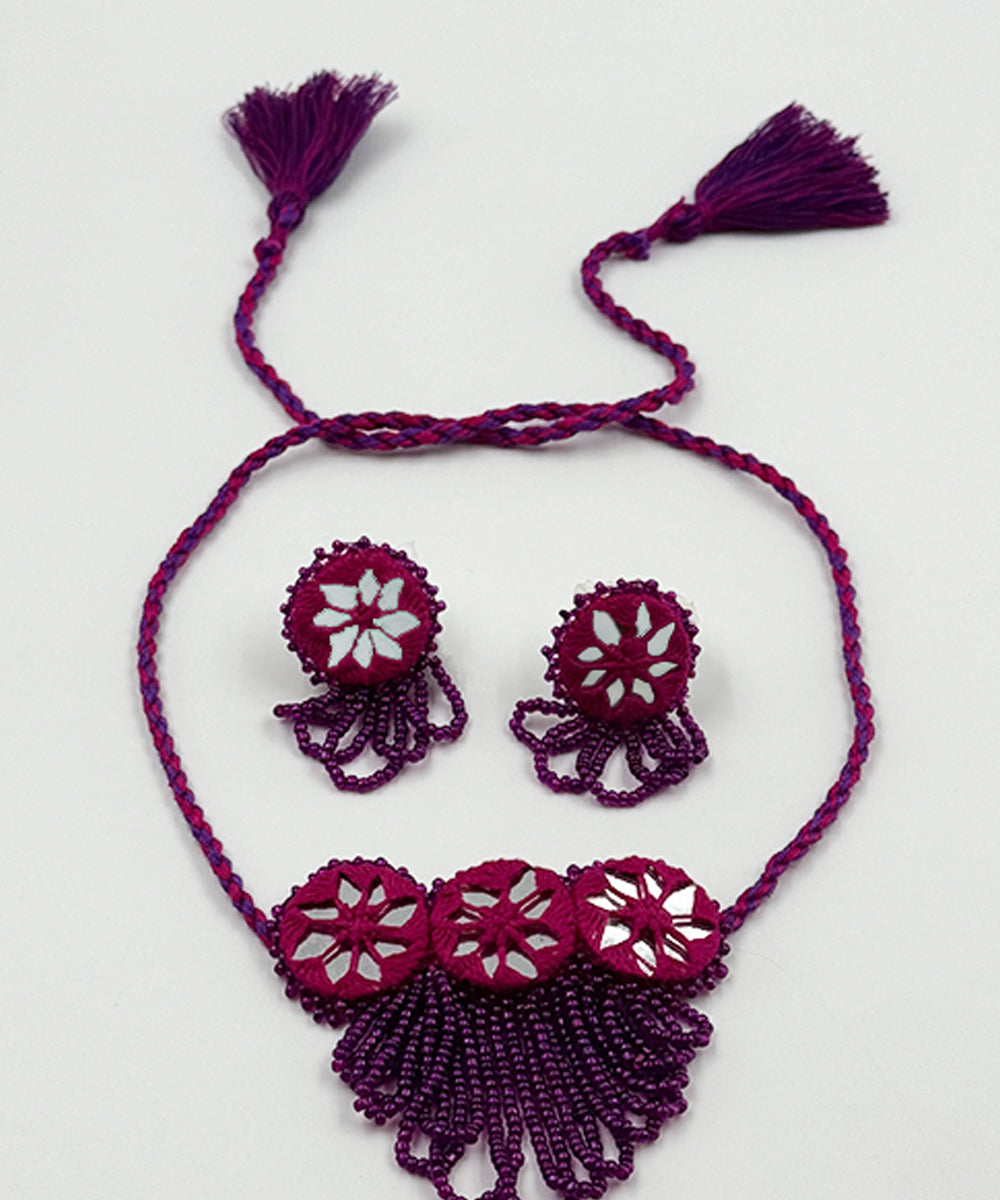Pink hand made bead mirror cotton glass silver hooks necklace