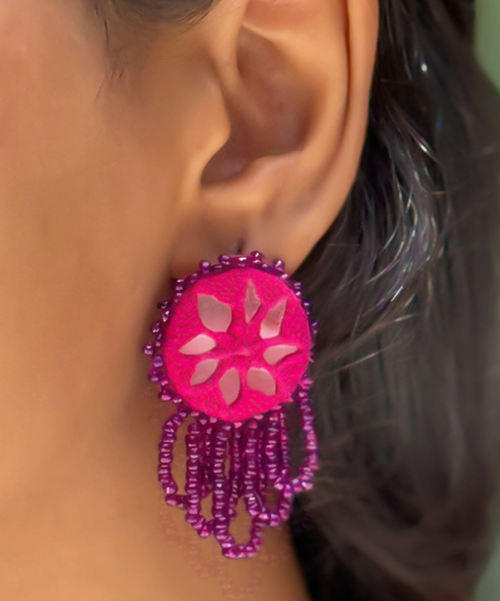 Pink handmade bead mirror cotton glass silver hooks earring