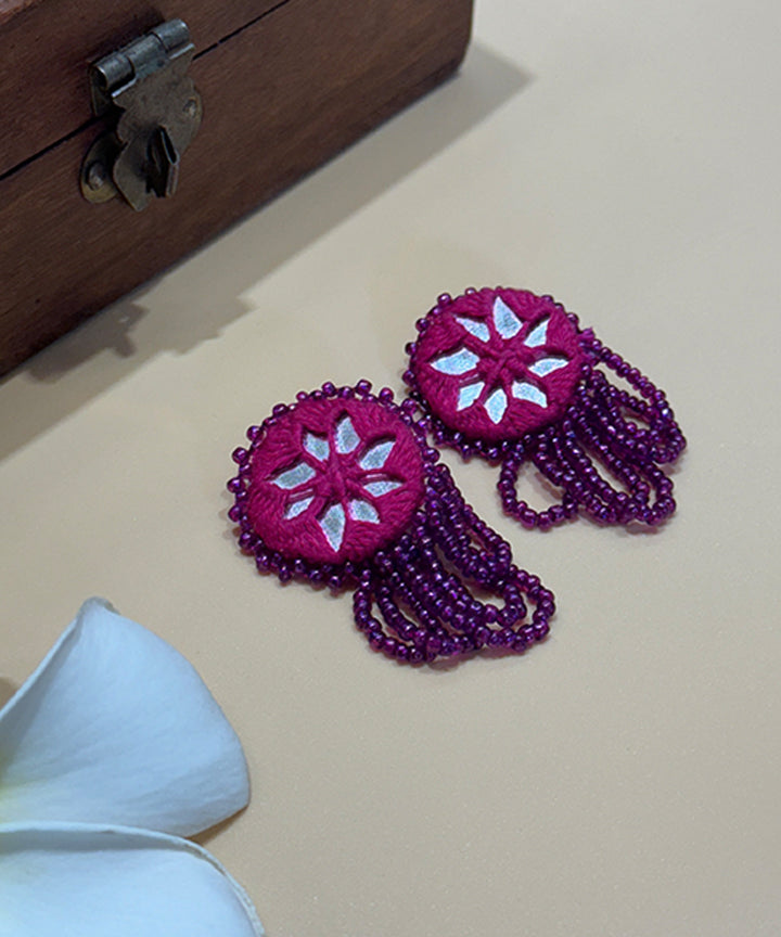 Pink handmade bead mirror cotton glass silver hooks earring