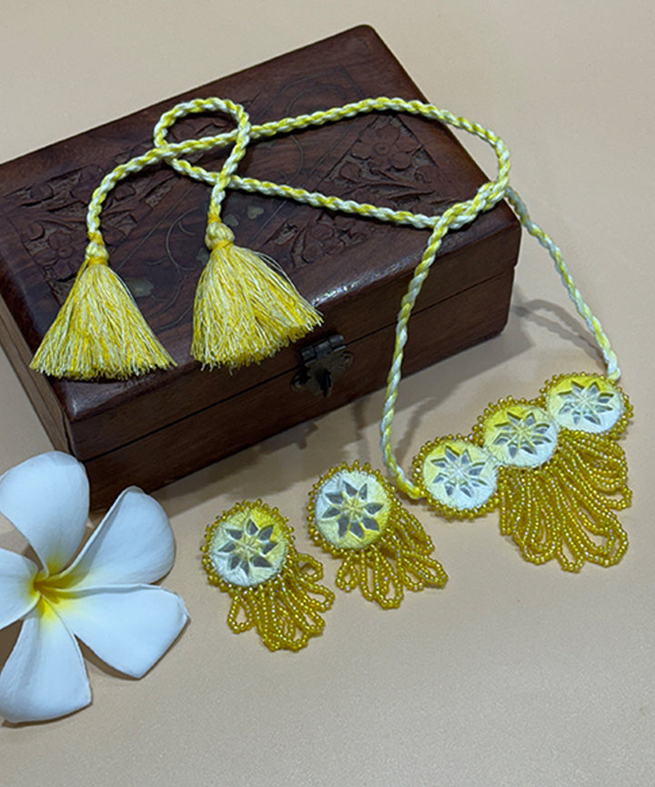 Yellow hand made bead mirror cotton glass silver hooks necklace