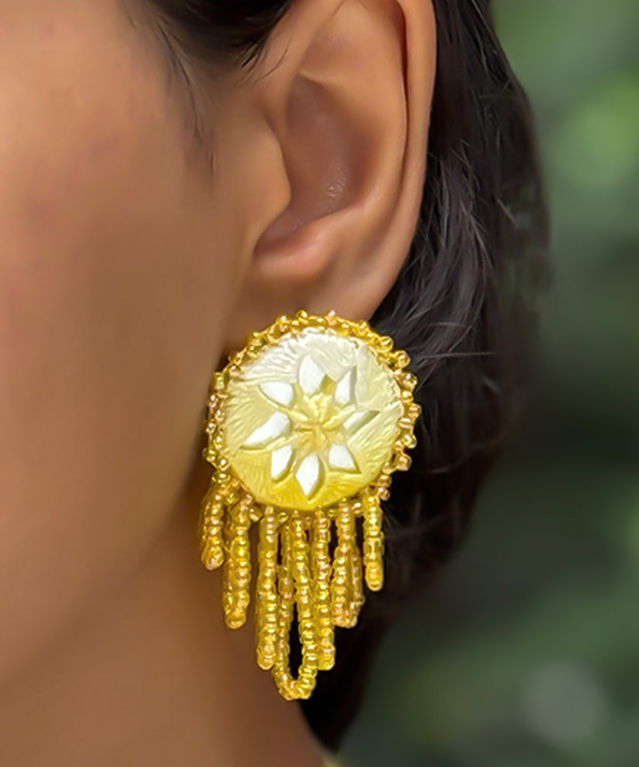 Yellow handmade bead mirror cotton glass silver hooks earring