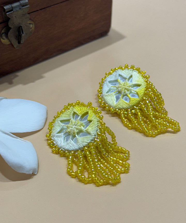 Yellow handmade bead mirror cotton glass silver hooks earring