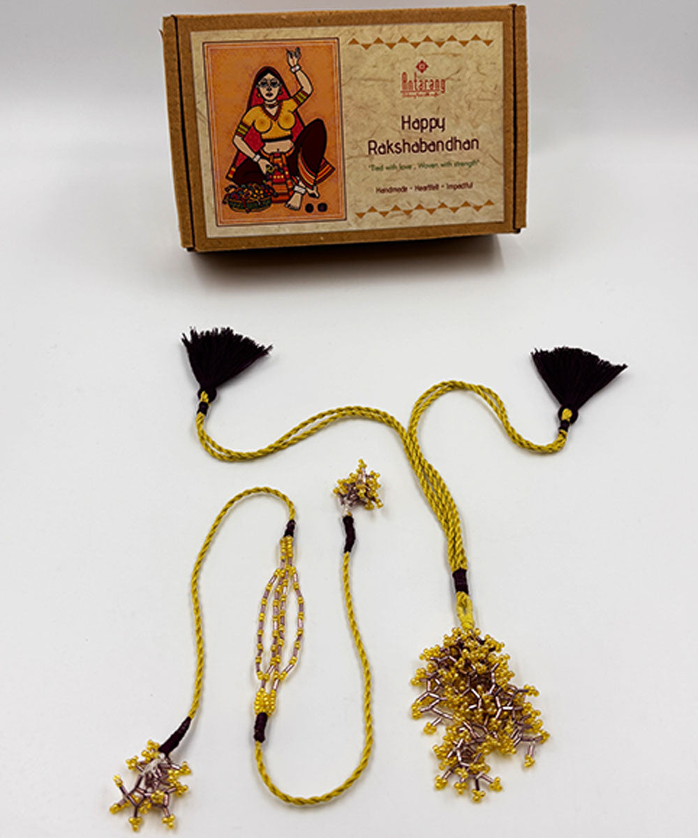 Yellow lemon maroon handmade bead work beads anchor threads rakhi