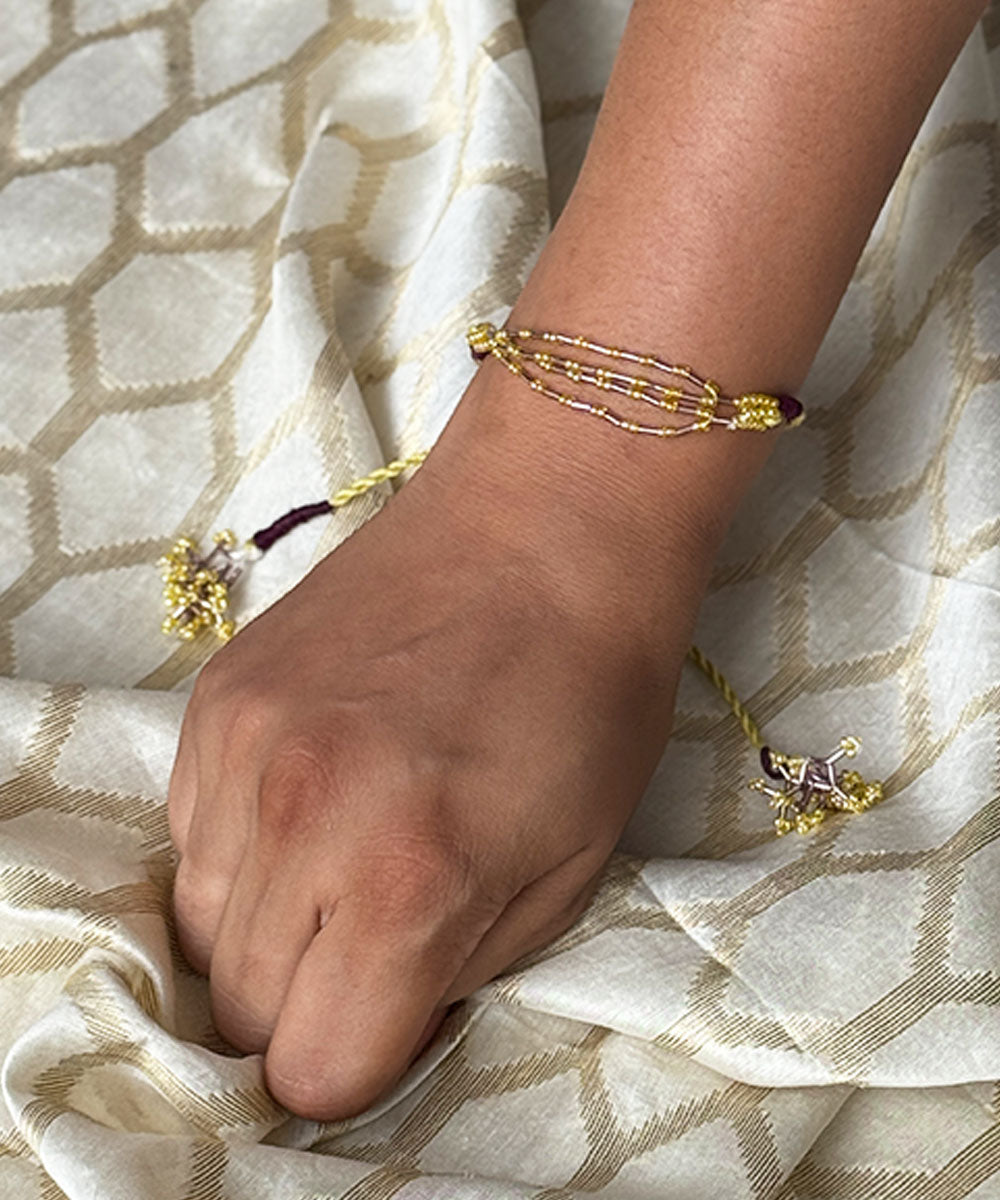 Yellow lemon maroon handmade bead work beads anchor threads rakhi