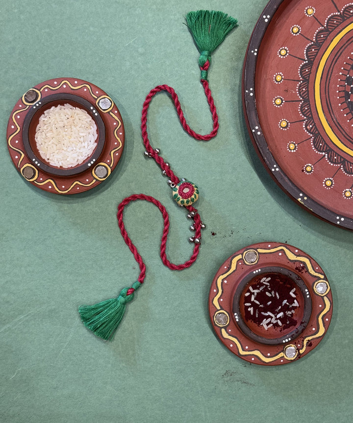 Red green bead work fabric round bells ghooghri anchor threads rakhi