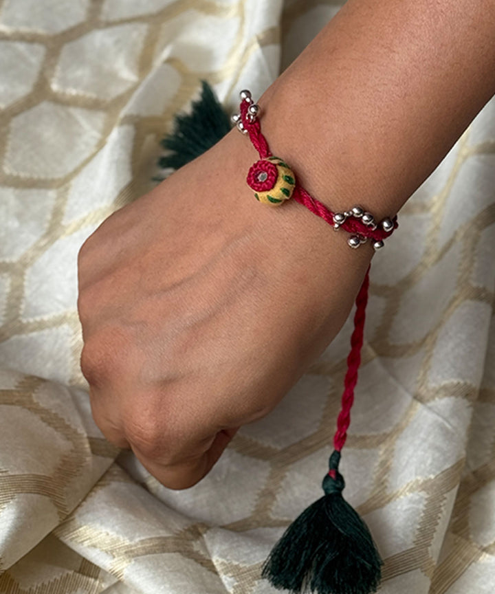 Red green bead work fabric round bells ghooghri anchor threads rakhi