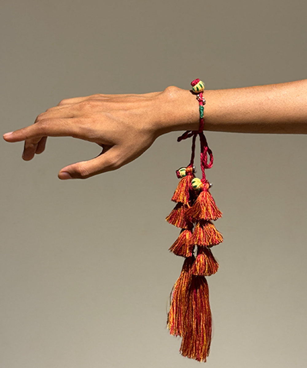 Red mustard handmade bead work fabric ghooghri anchor threads rakhi
