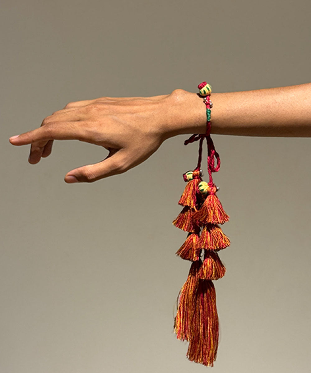 Multicolor handmade bead work fabric round bells anchor threads rakhi