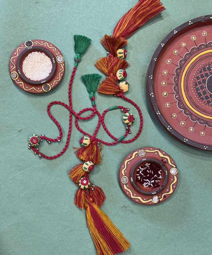 Multicolor handmade bead work fabric round bells anchor threads rakhi