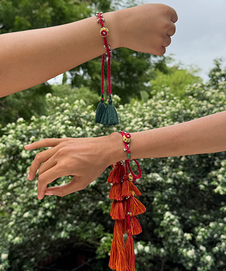 Multicolor handmade bead work fabric round bells anchor threads rakhi
