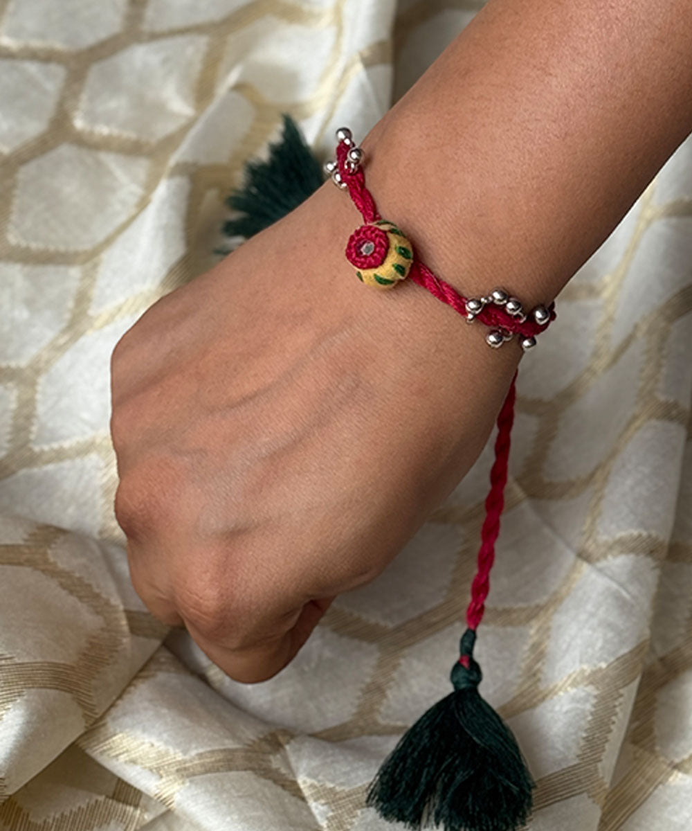 Multicolor handmade bead work fabric round bells anchor threads rakhi