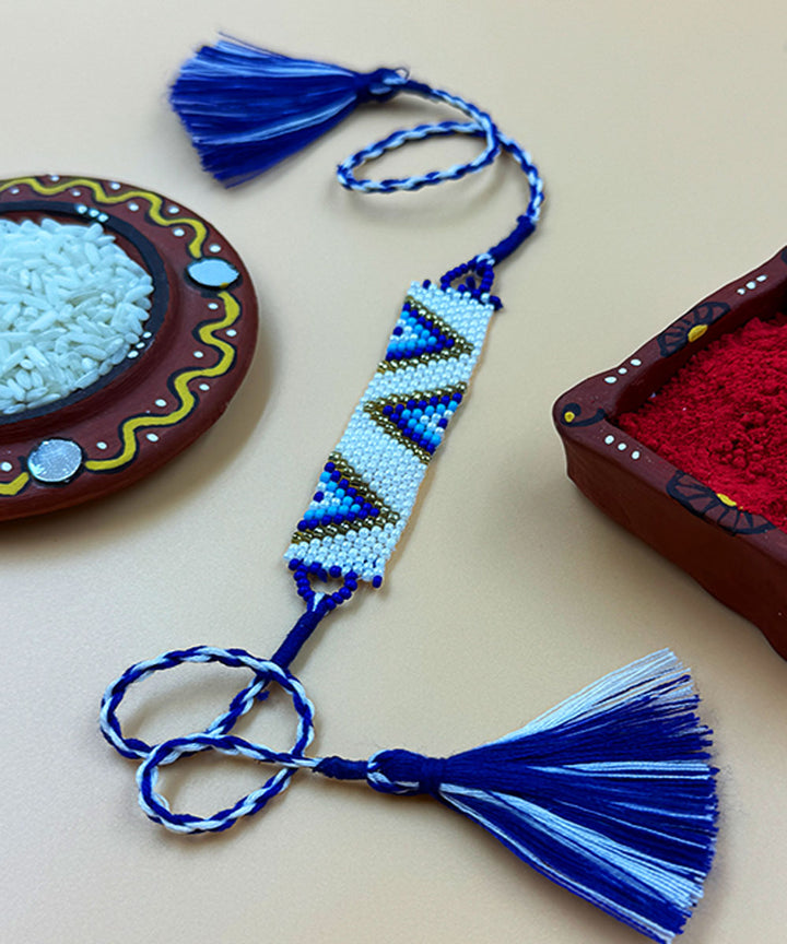 Blue white handmade bead work glass beads rakhi