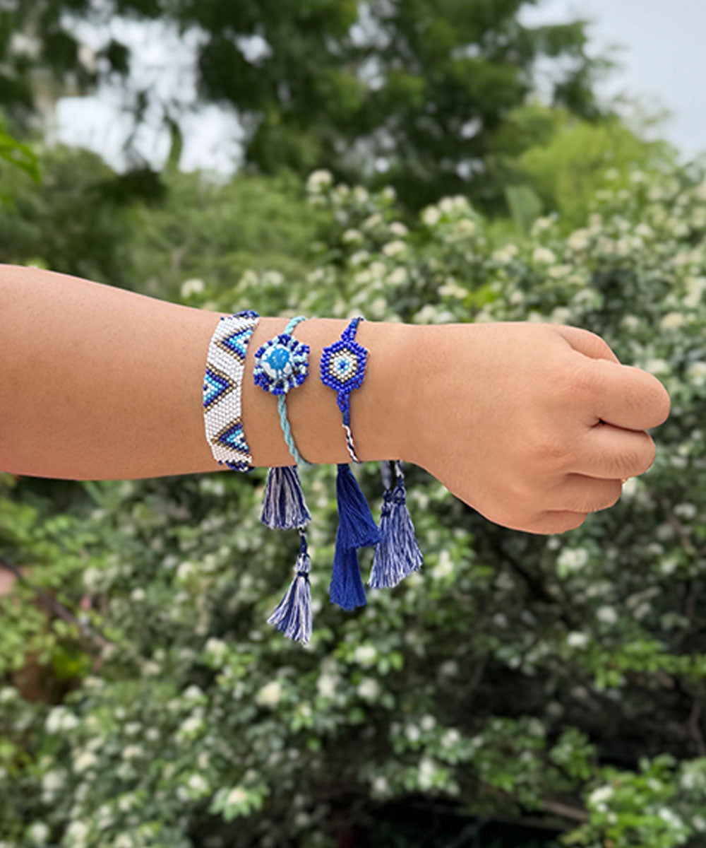 Navy blue white handmade bead work glass beads rakhi