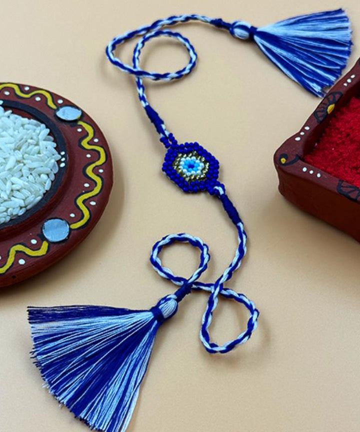 Navy blue white handmade bead work glass beads rakhi