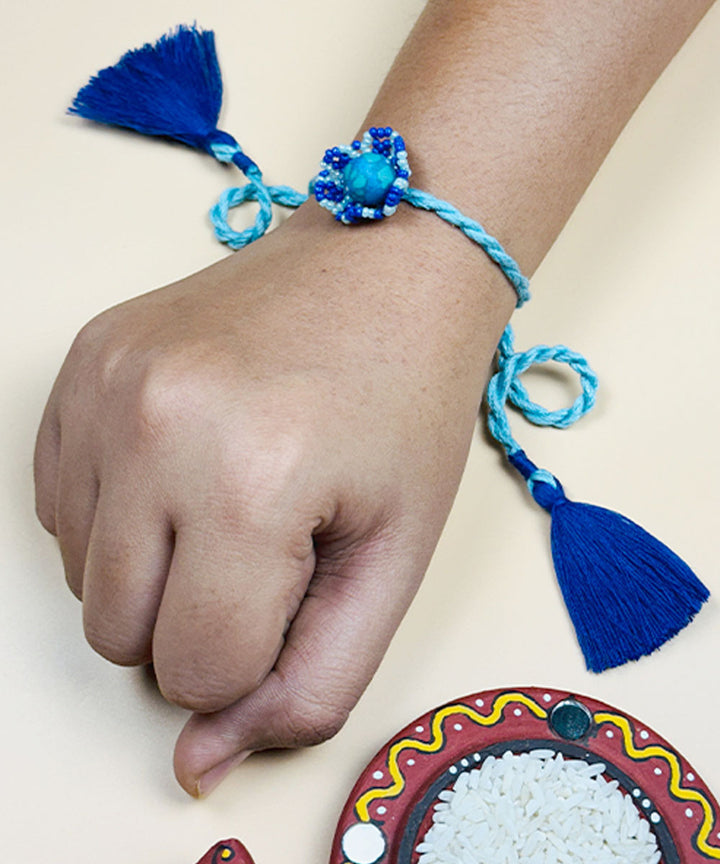 Turkoish blue handmade bead work glass beads rakhi
