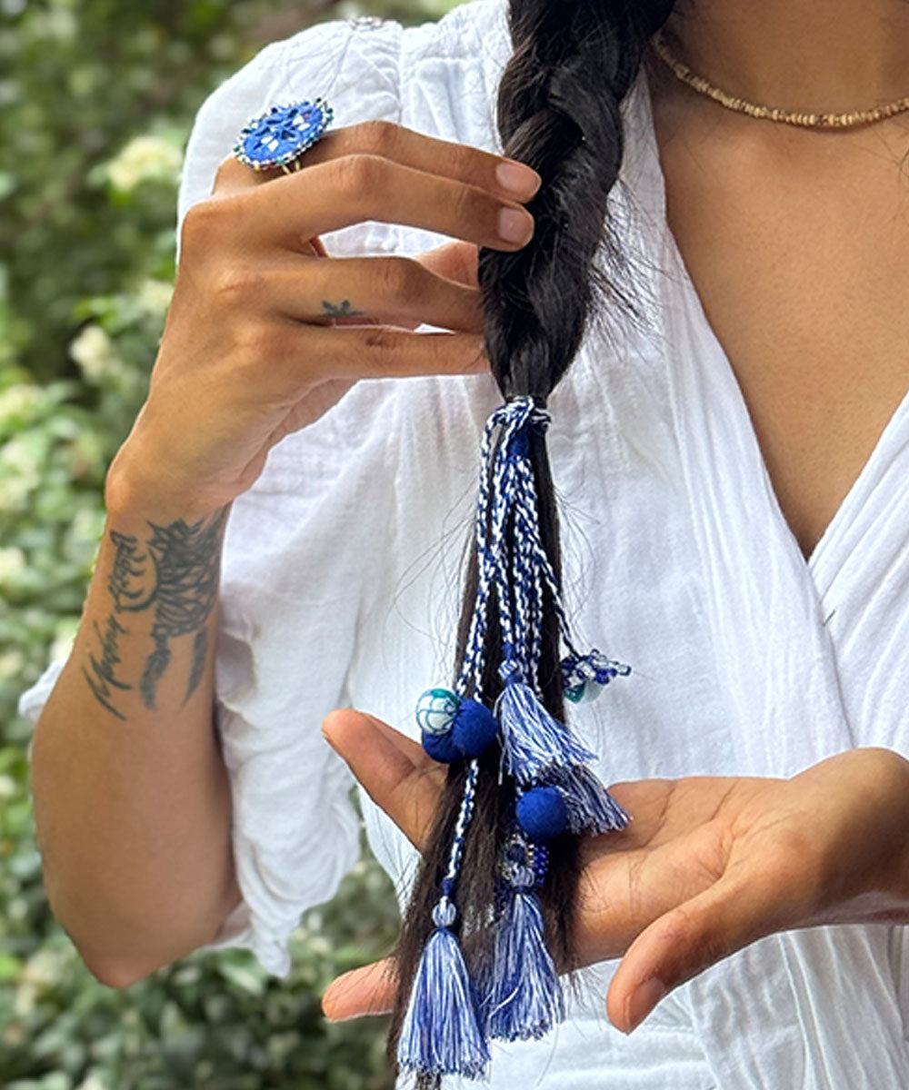 Handmade light blue white bead work beads fabric anchor threads rakhi
