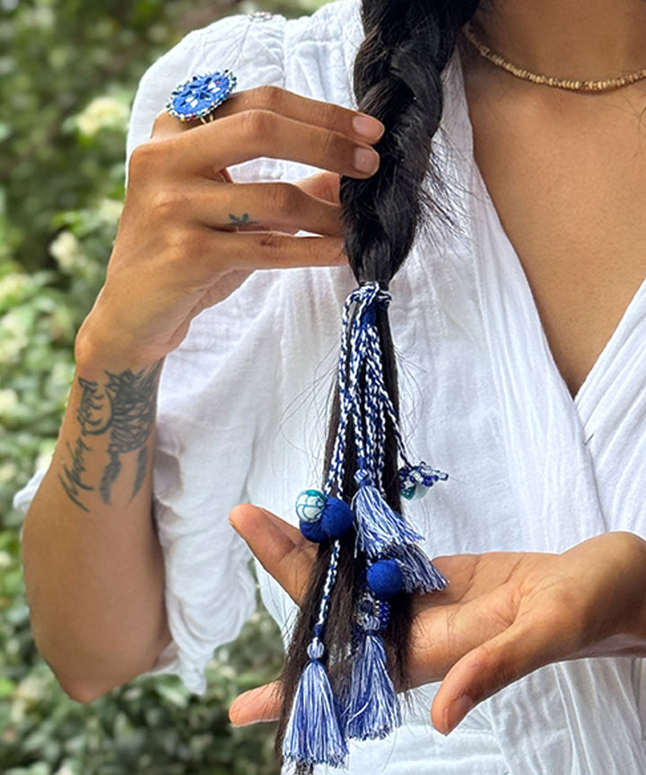 Handmade light blue white bead work beads fabric anchor threads rakhi