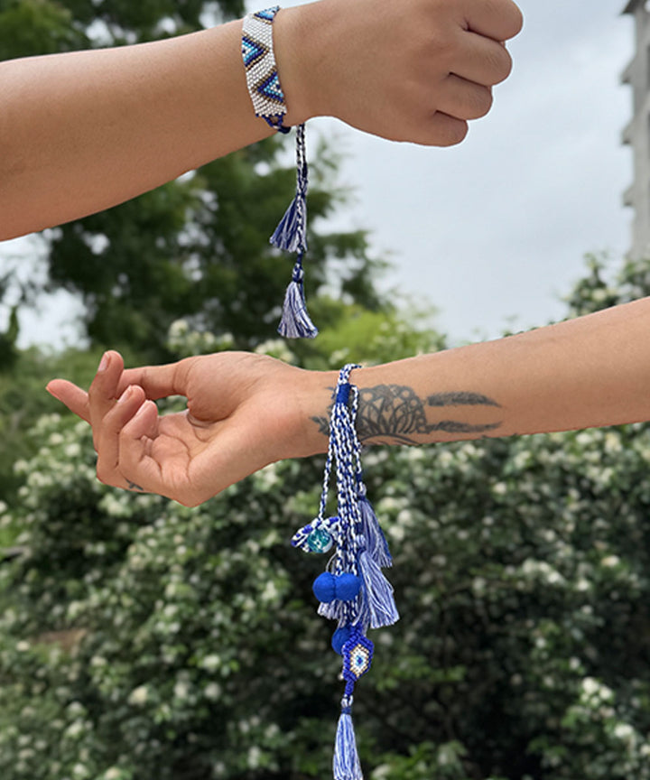 Handmade anchor threads light blue white bead work beads fabric rakhi