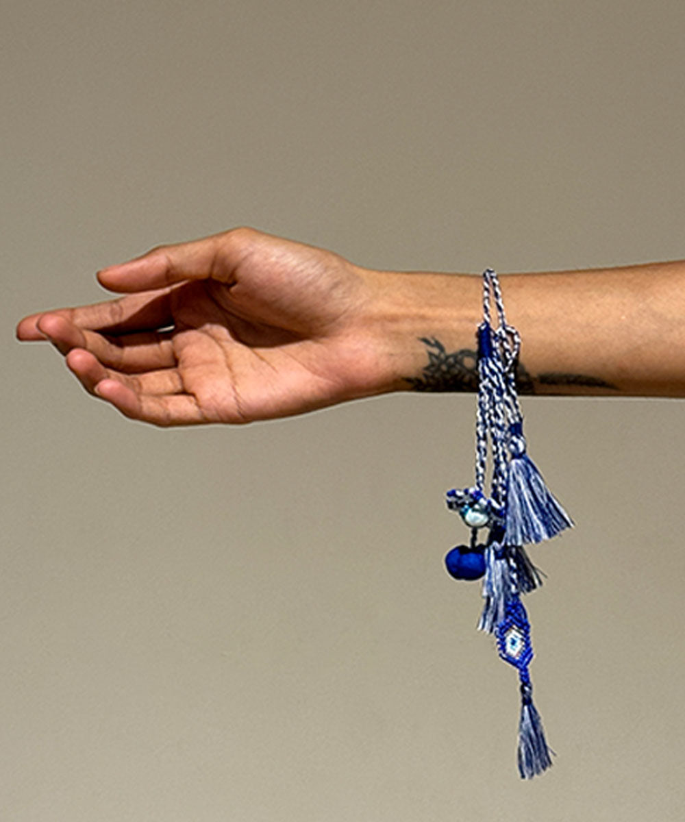 Handmade anchor threads light blue white bead work beads fabric rakhi