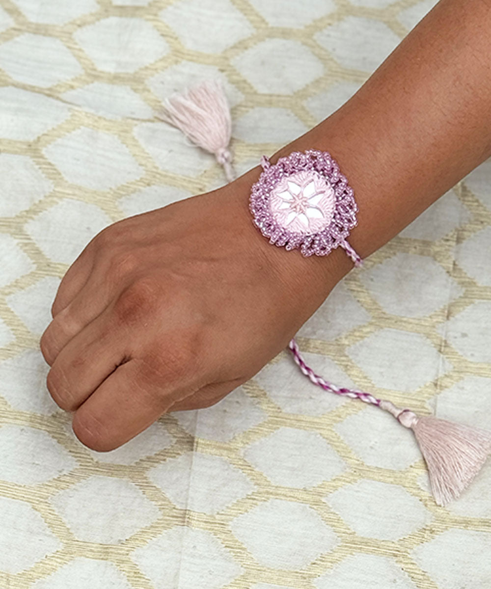 Lavendar handmade bead work beads mirror anchor threads rakhi