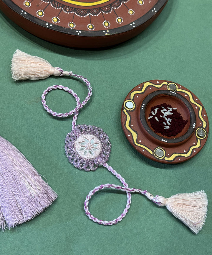 Lavendar handmade bead work beads mirror anchor threads rakhi