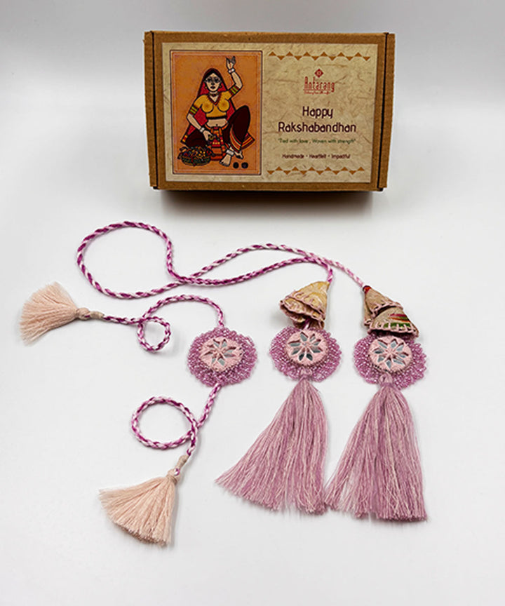 Lavender handmade bead work beads mirror fabric anchor threads rakhi