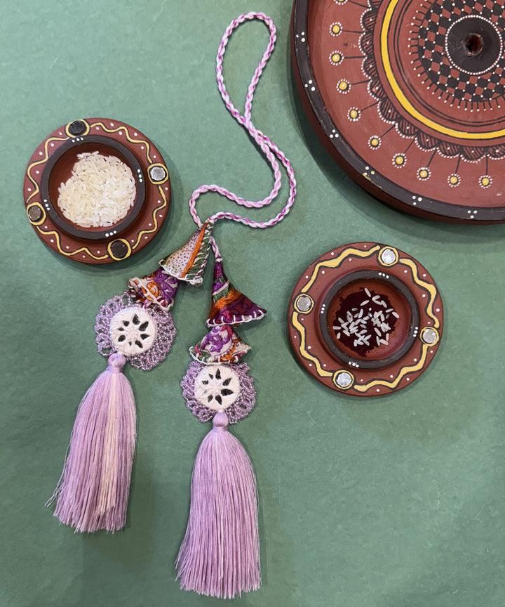 Lavender handmade bead work beads mirror fabric anchor threads rakhi