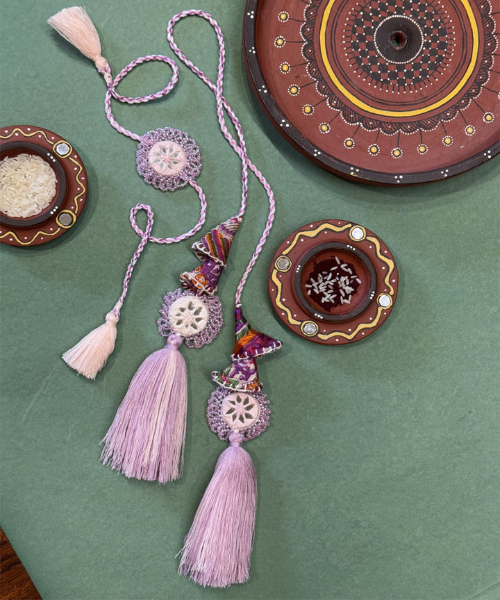 Lavender bead work beads handmade mirror fabric anchor threads rakhi