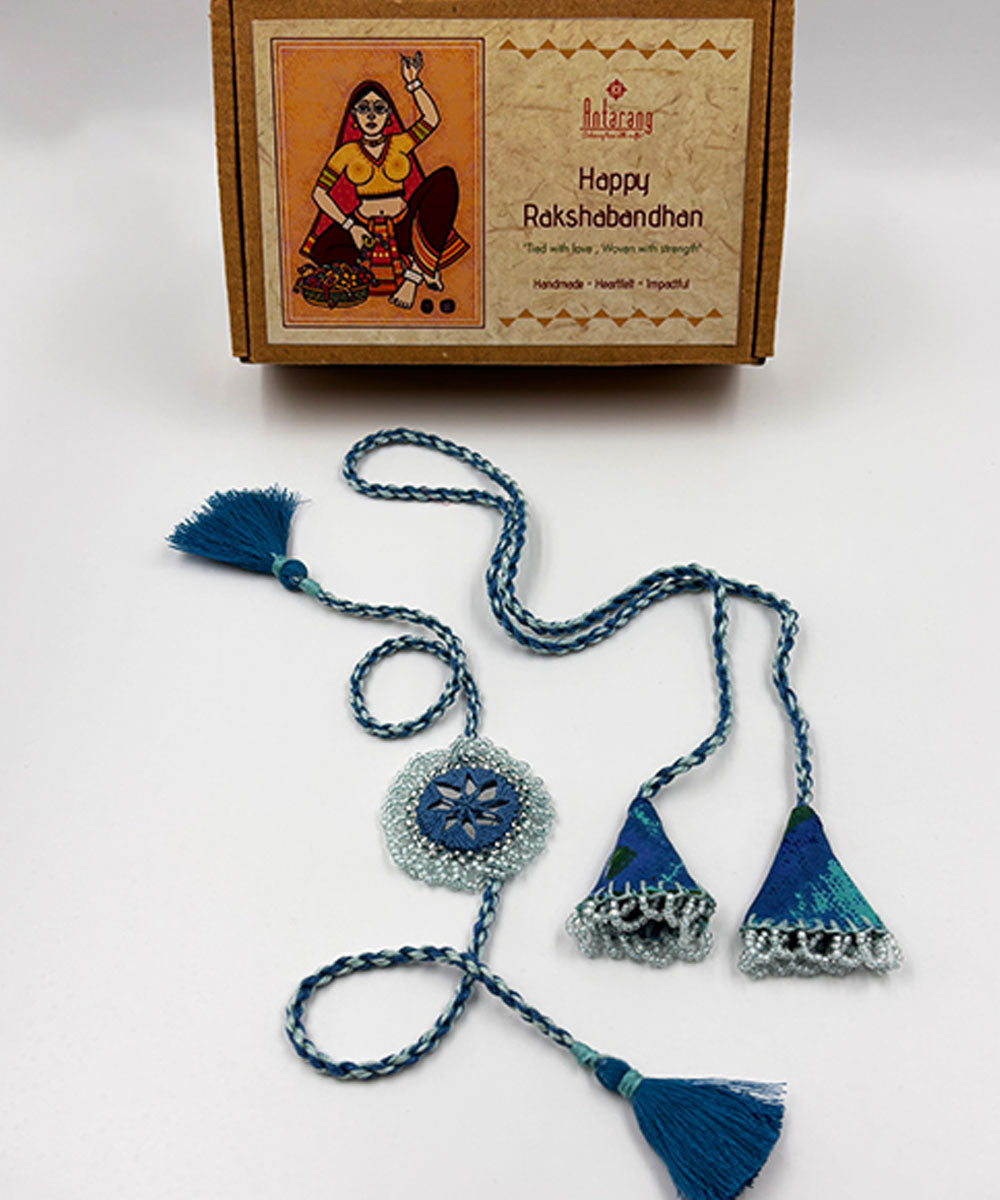 Shades of blue handmade bead work beads mirror anchor threads rakhi