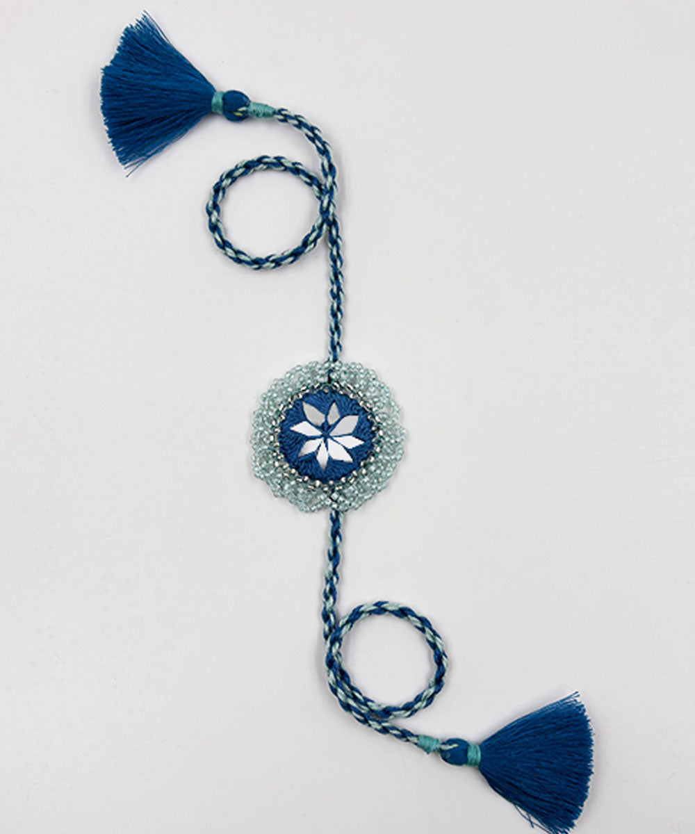 Shades of blue handmade bead work beads mirror anchor threads rakhi