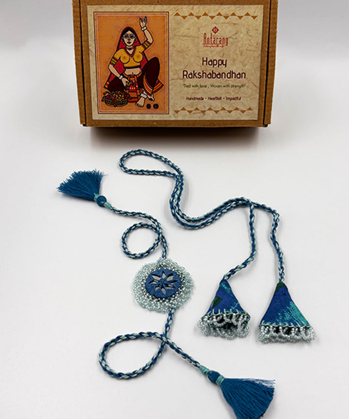 Shades of blue handmade bead work beads fabric anchor threads rakhi