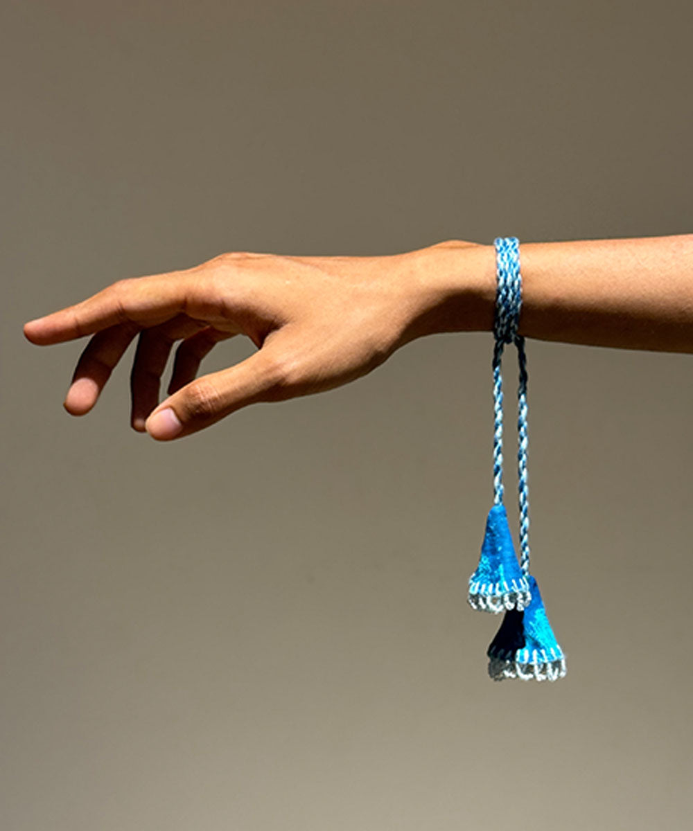 Shades of blue bead work beads mirror fabric anchor threads rakhi