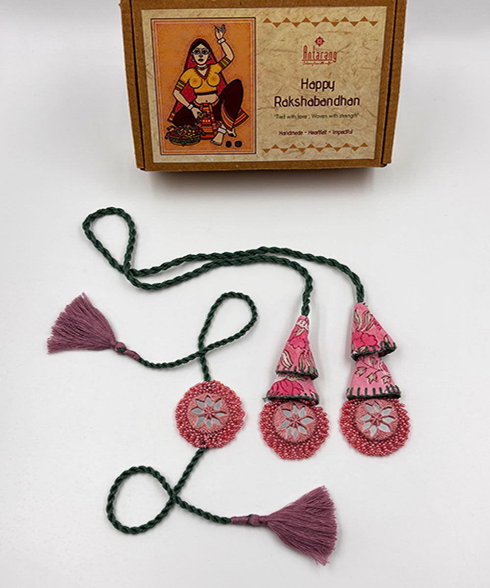 Nude pink green handmade bead work beads mirror anchor threads rakhi