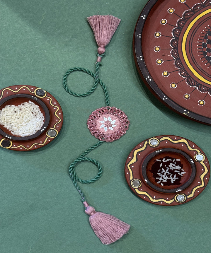 Nude pink green handmade bead work beads mirror anchor threads rakhi