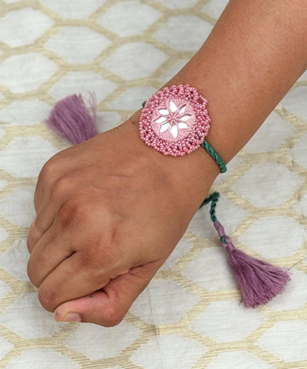 Nude pink green handmade bead work beads mirror anchor threads rakhi