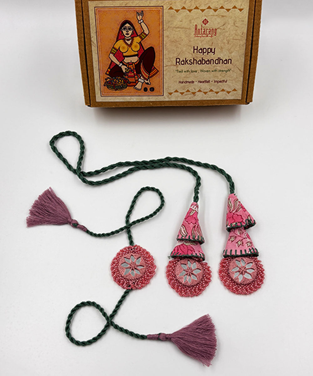 Pink green handmade bead work beads mirror fabric anchor threads rakhi