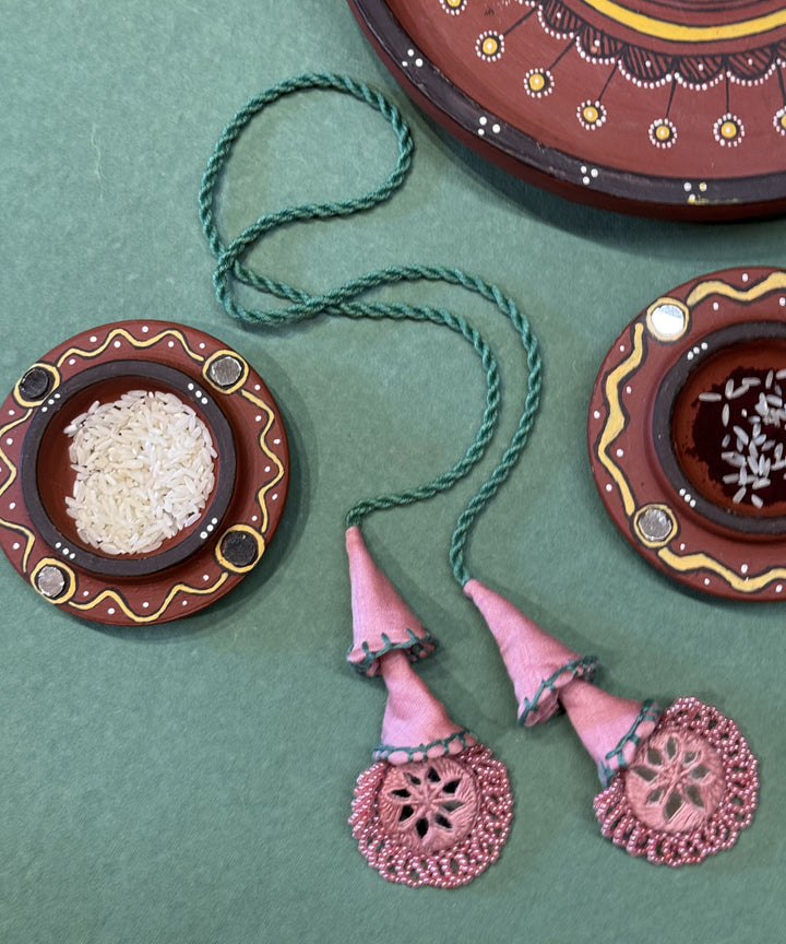 Pink green handmade bead work beads mirror fabric anchor threads rakhi